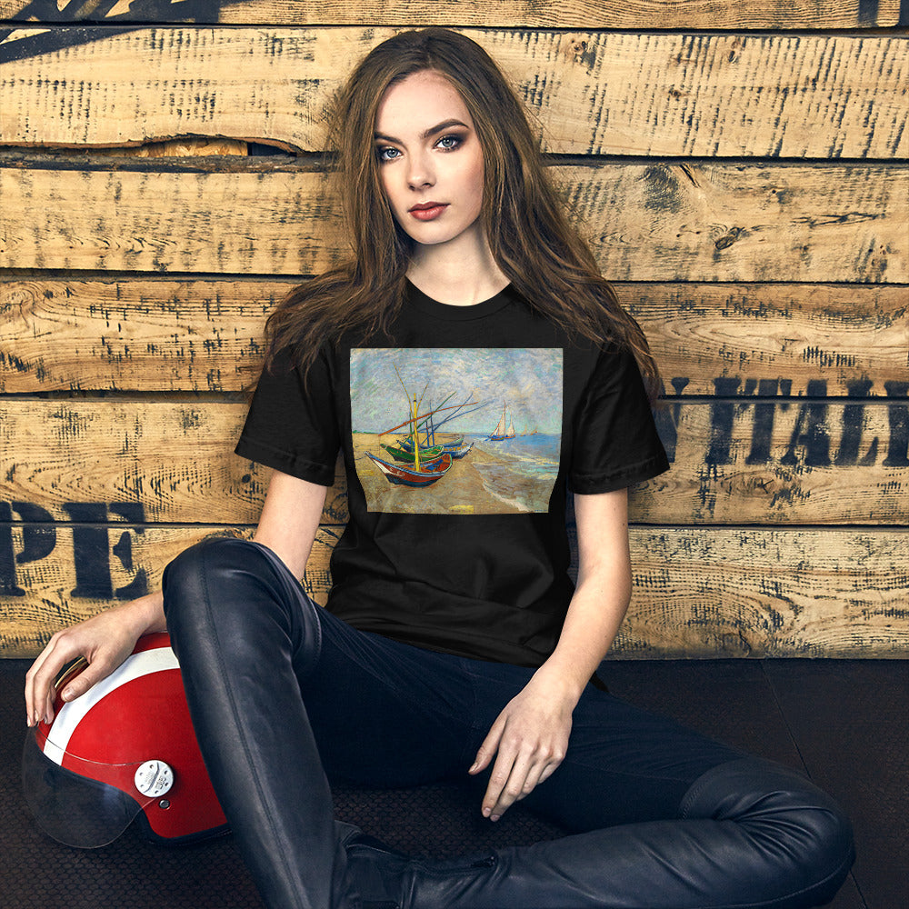 Classic Crew Neck Tee - van Gogh: Fishing Boats on the Beach - Ronz-Design-Unique-Apparel