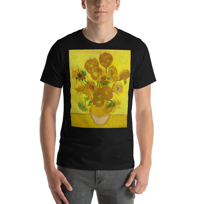 Classic Crew Neck Tee - 12 Sunflowers in a Vase with Yellow Background - Ronz-Design-Unique-Apparel