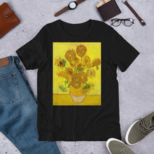Load image into Gallery viewer, Classic Crew Neck Tee - 12 Sunflowers in a Vase with Yellow Background - Ronz-Design-Unique-Apparel
