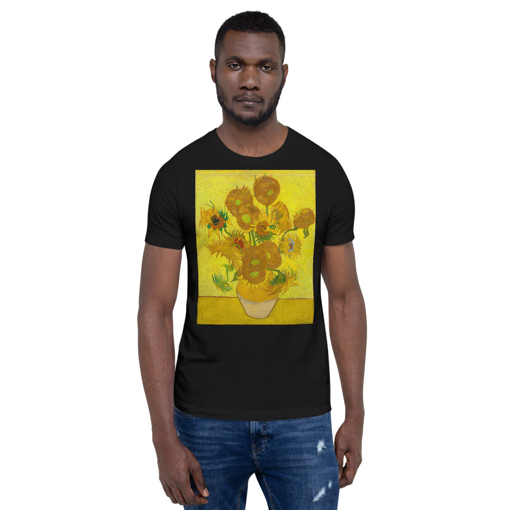 Classic Crew Neck Tee - 12 Sunflowers in a Vase with Yellow Background - Ronz-Design-Unique-Apparel