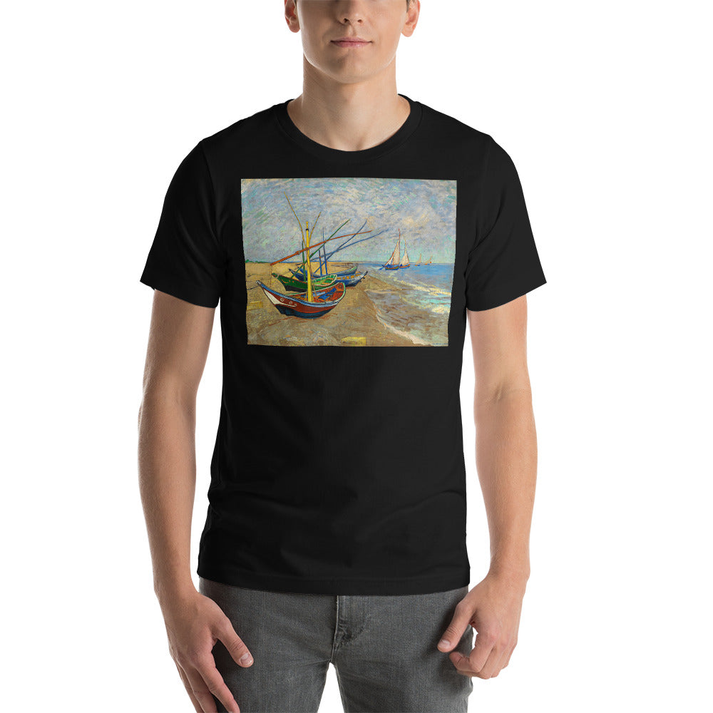 Classic Crew Neck Tee - Van Gogh: Fishing Boats on the Beach - Ronz-Design-Unique-Apparel