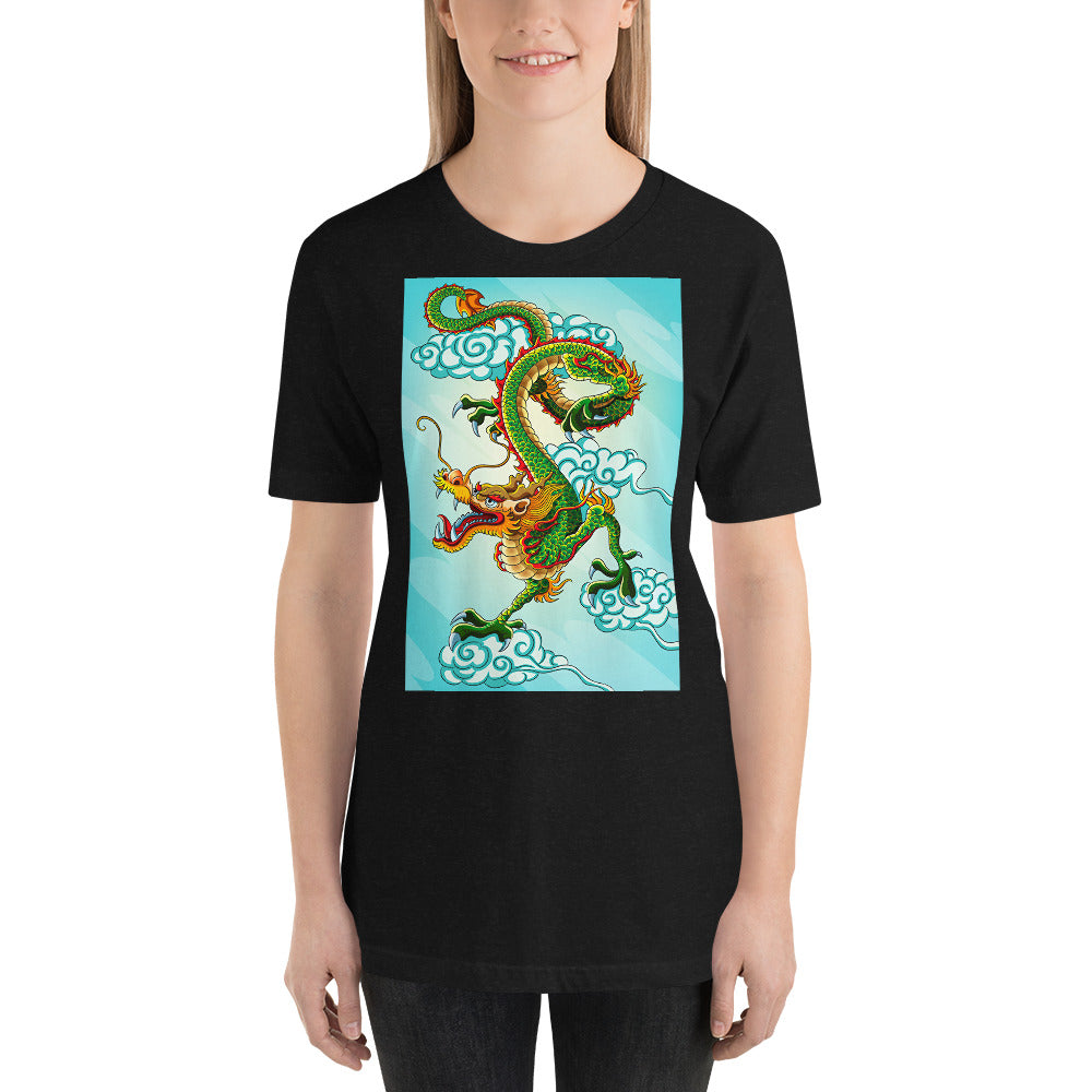Classic Crew Neck Tee - Green Chinese Sky Dragon on Blue