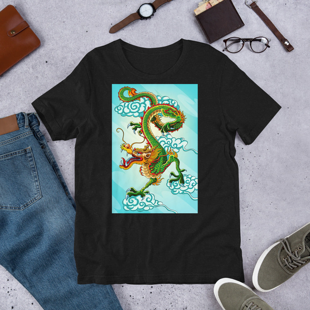 Classic Crew Neck Tee - Green Chinese Sky Dragon on Blue