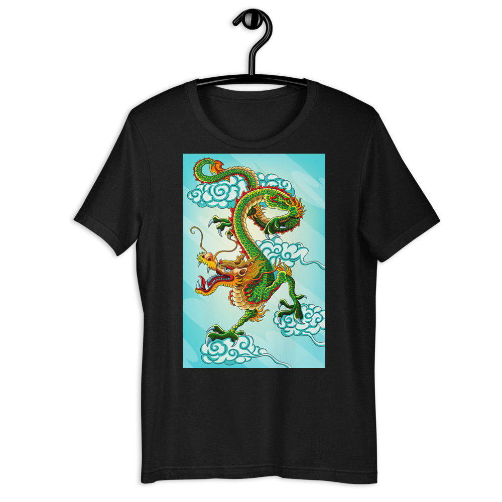 Classic Crew Neck Tee - Green Chinese Sky Dragon on Blue