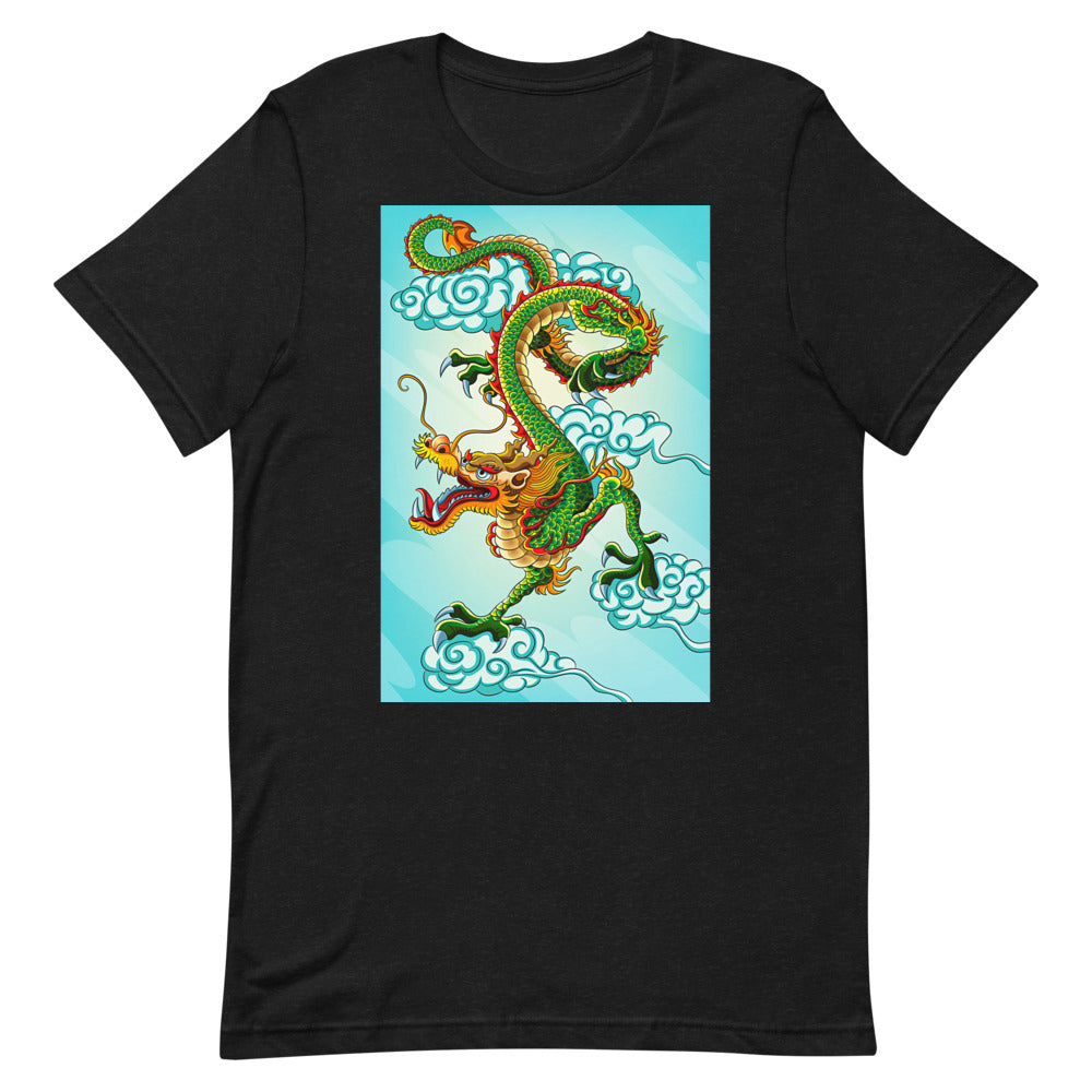 Classic Crew Neck Tee - Green Chinese Sky Dragon on Blue