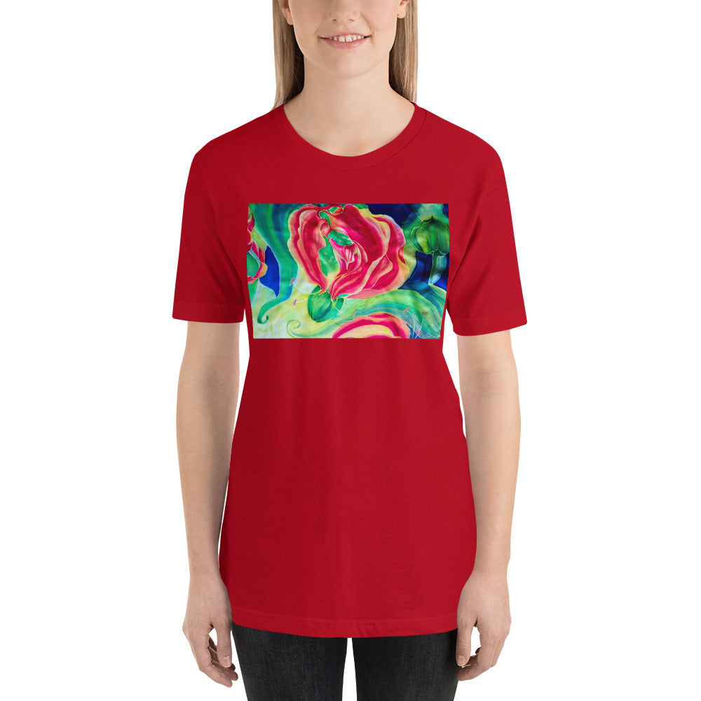 Classic Crew Neck Tee - Red Flower Watercolor #2 - Ronz-Design-Unique-Apparel