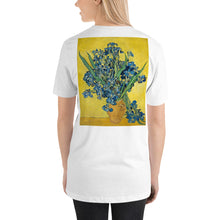 Load image into Gallery viewer, Short-Sleeve Unisex T-Shirt - van Gogh: Self Portrait &amp; Vase with Irises with Yellow Background - Ronz-Design-Unique-Apparel
