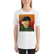 Load image into Gallery viewer, Short-Sleeve Unisex T-Shirt - van Gogh: Self Portrait &amp; Vase with Irises with Yellow Background - Ronz-Design-Unique-Apparel
