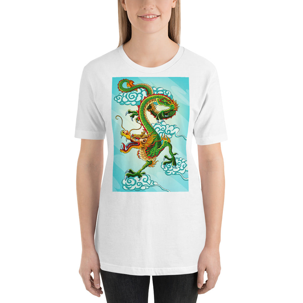 Classic Crew Neck Tee - Green Chinese Sky Dragon on Blue