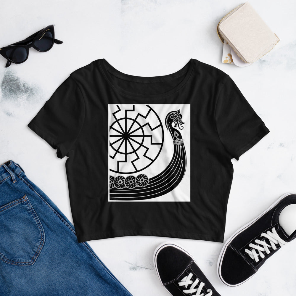 Premium Crop Top Tee - Wheel of the Black Sun over a Viking Drakkar