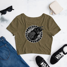 Load image into Gallery viewer, Premium Crop Top Tee - Cawing Crow in Circle of Runes
