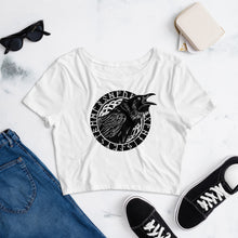 Load image into Gallery viewer, Premium Crop Top Tee - Cawing Crow in Circle of Runes

