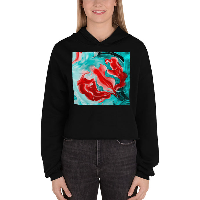 Premium Crop Hoodie - Red Flower with Pale Blue Green - Ronz-Design-Unique-Apparel