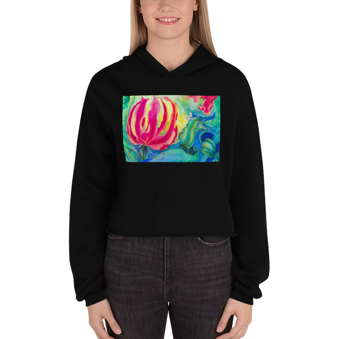 Premium Crop Hoodie - Red Flower with Blue Green & Yellow - Ronz-Design-Unique-Apparel