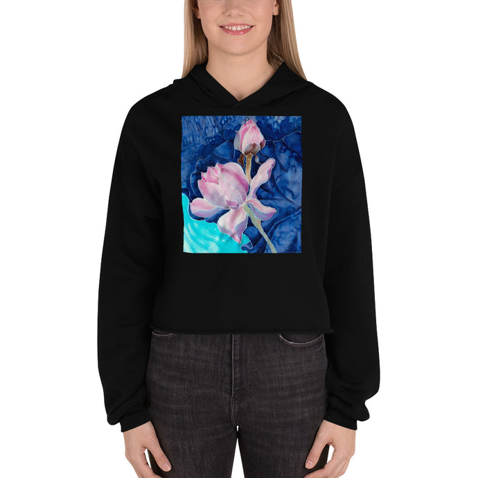 Premium Crop Hoodie - Pink Flower with Blue - Ronz-Design-Unique-Apparel