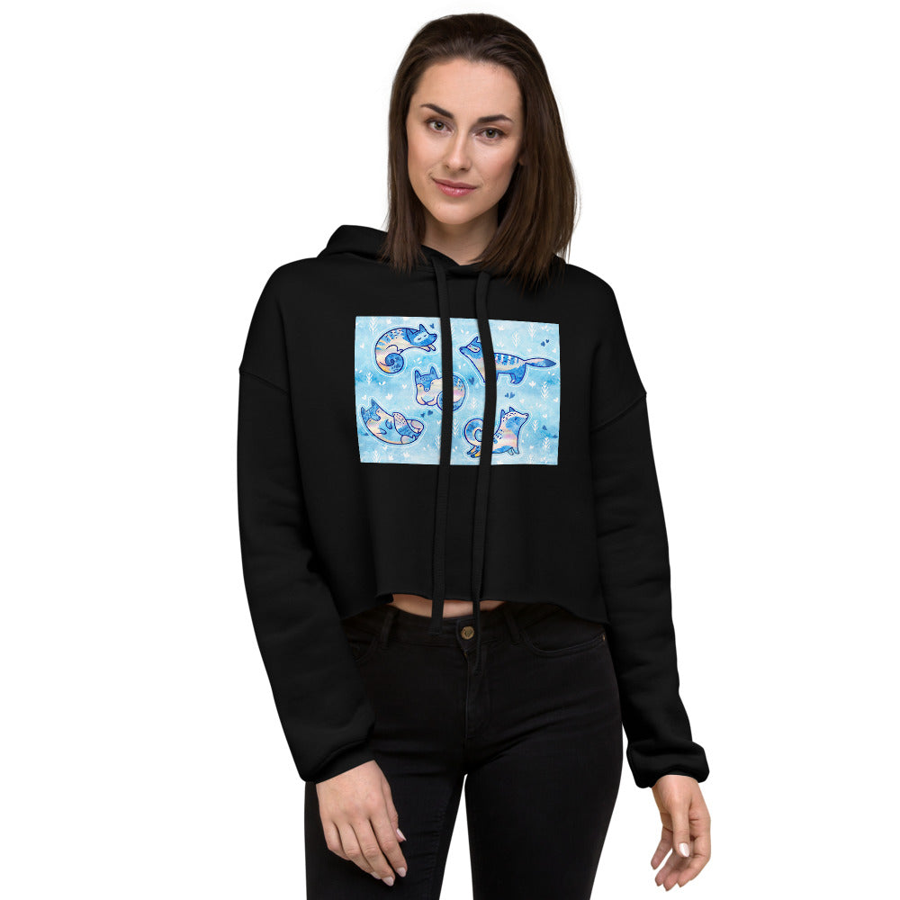 Premium Crop Hoodie - Foxes in Blue