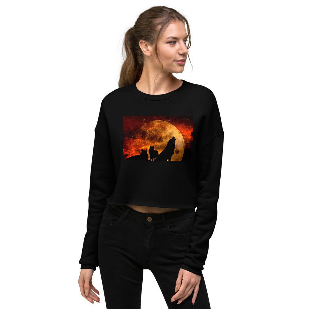 Premium Crop Sweatshirt - Howling in Orange Moonlight - Ronz-Design-Unique-Apparel