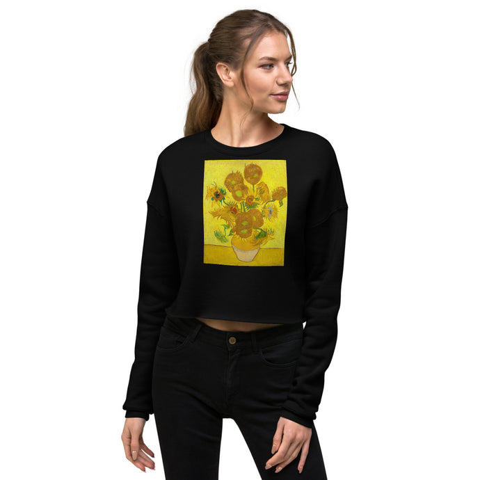 Premium Crop Sweatshirt - 12 Sunflowers in Vase with Yellow Background - Ronz-Design-Unique-Apparel