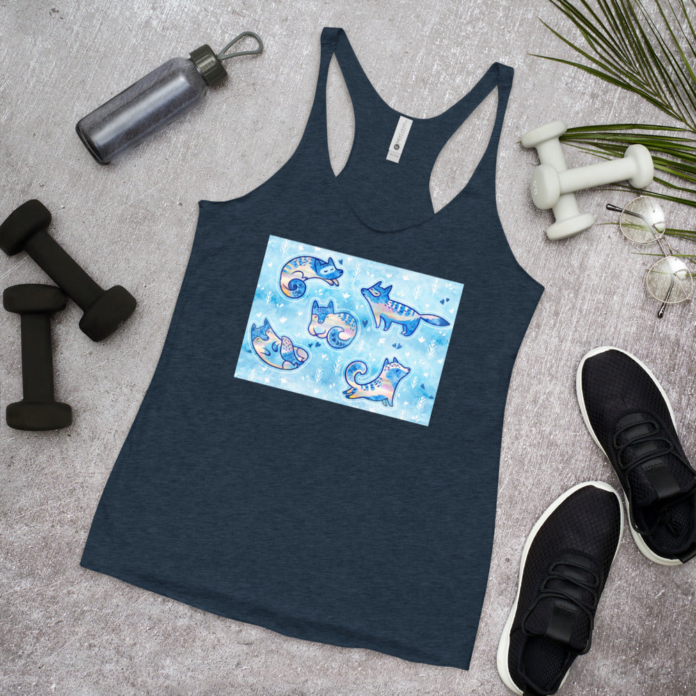WanderBack Racerback Women's Tank Top - Foxes in Blue