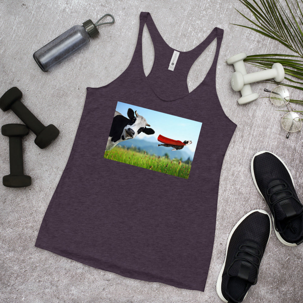 WanderBack Racerback Women's Tank Top - Cow & Super Dog