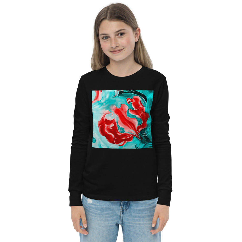 Premium Soft Jersey Crew - Red Flower on Turquoise - Ronz-Design-Unique-Apparel