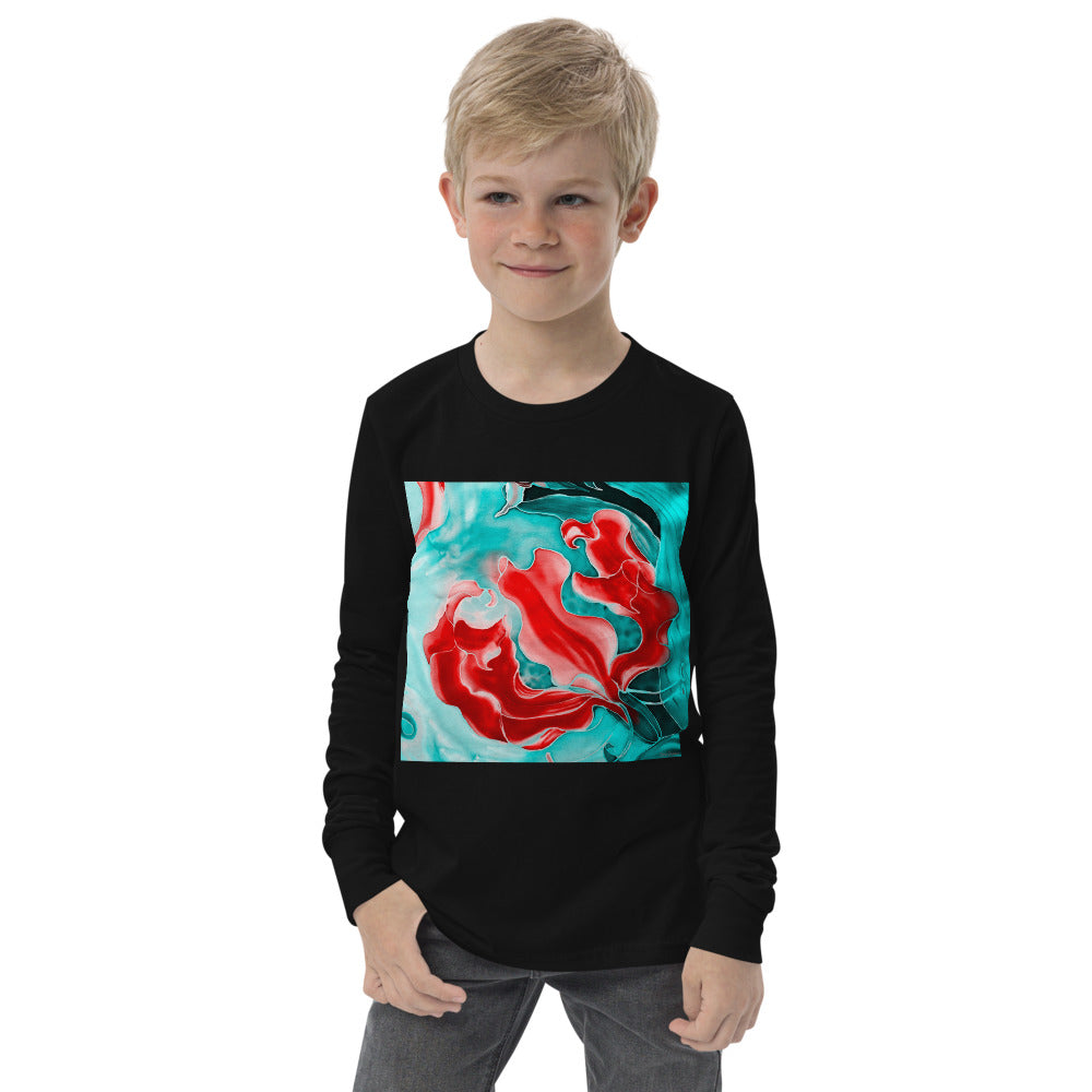 Premium Soft Jersey Crew - Red Flower on Turquoise - Ronz-Design-Unique-Apparel