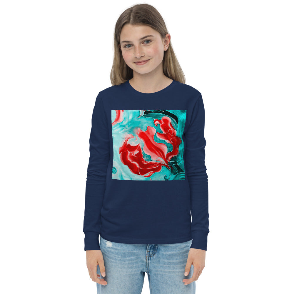 Premium Soft Jersey Crew - Red Flower on Turquoise - Ronz-Design-Unique-Apparel